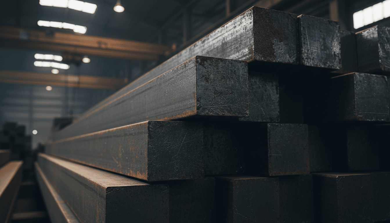 Stacked steel billets in industrial warehouse