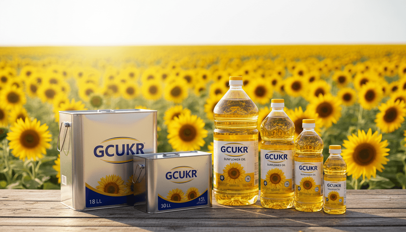 GCUKR brand oil bottles and tins with sunflower field backdrop