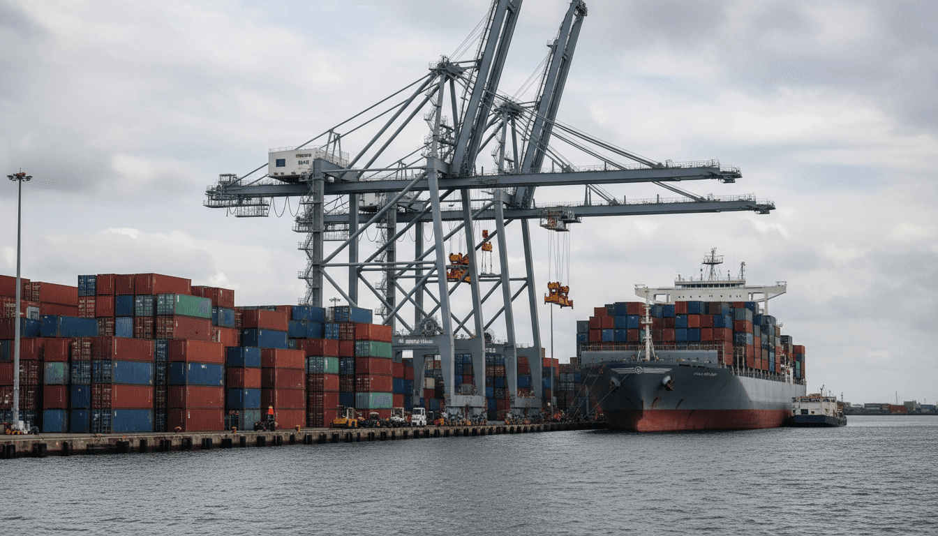Cargo containers and a ship at a busy port