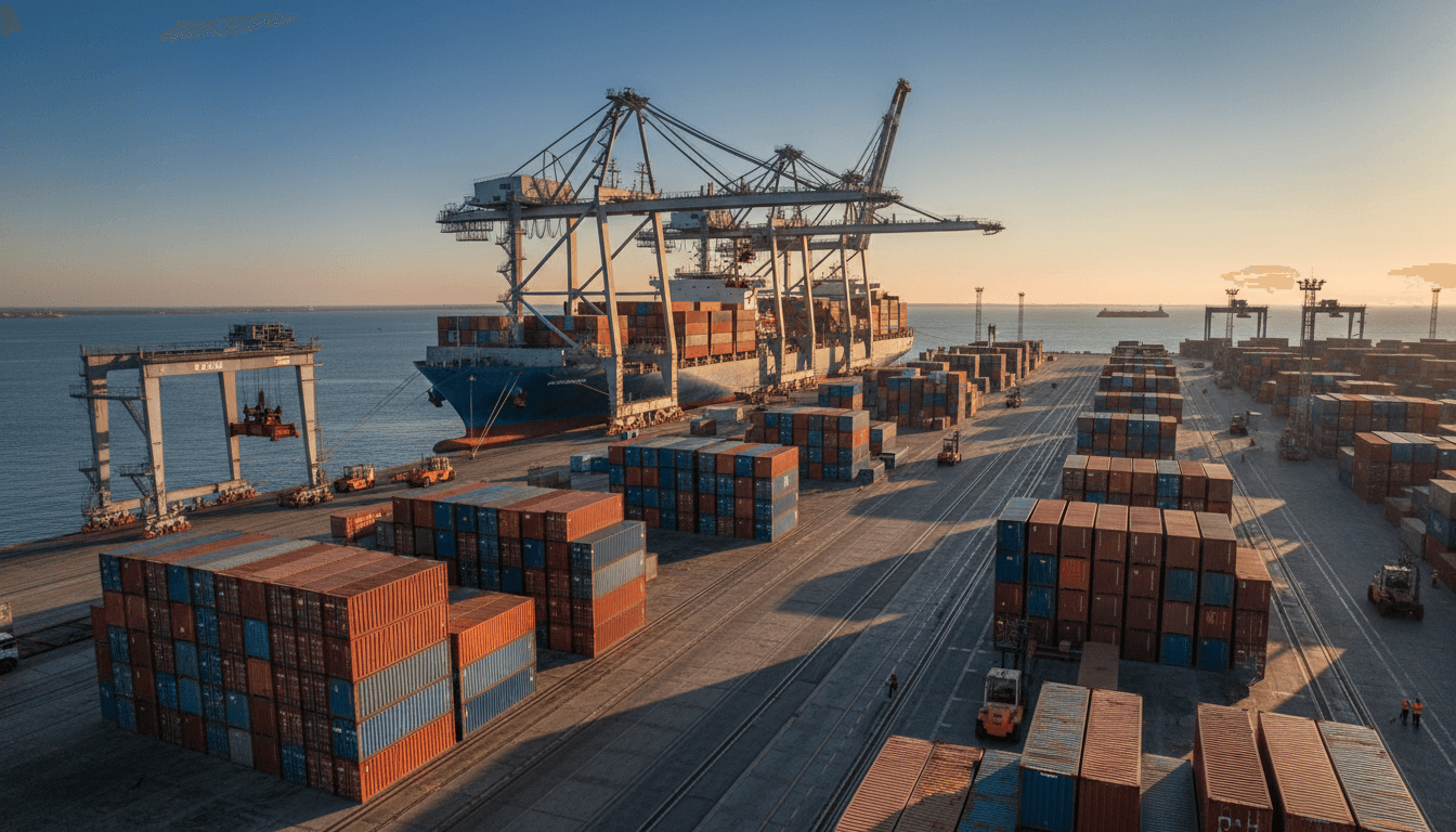 Chornomorsk port terminal with containers and cargo ship