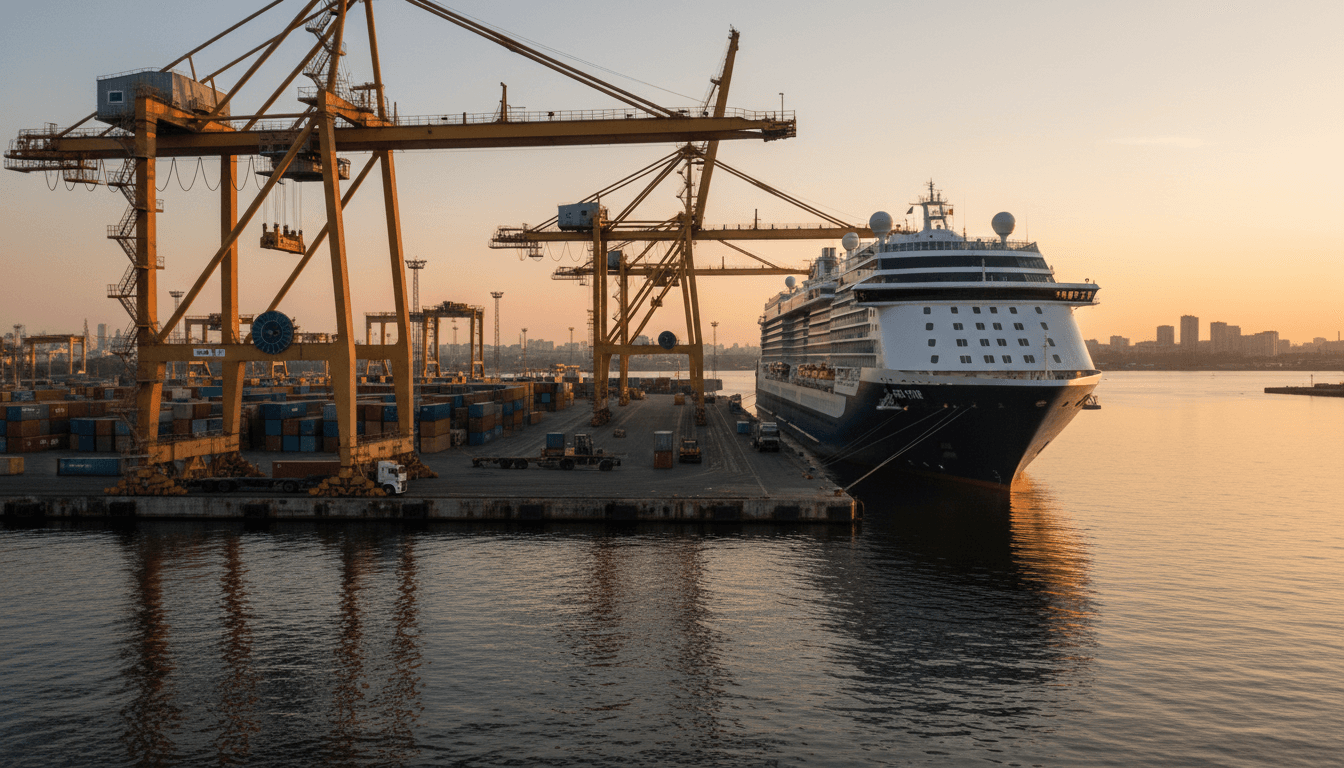 Modern cruise ship at Chornomorsk port during logistics operations