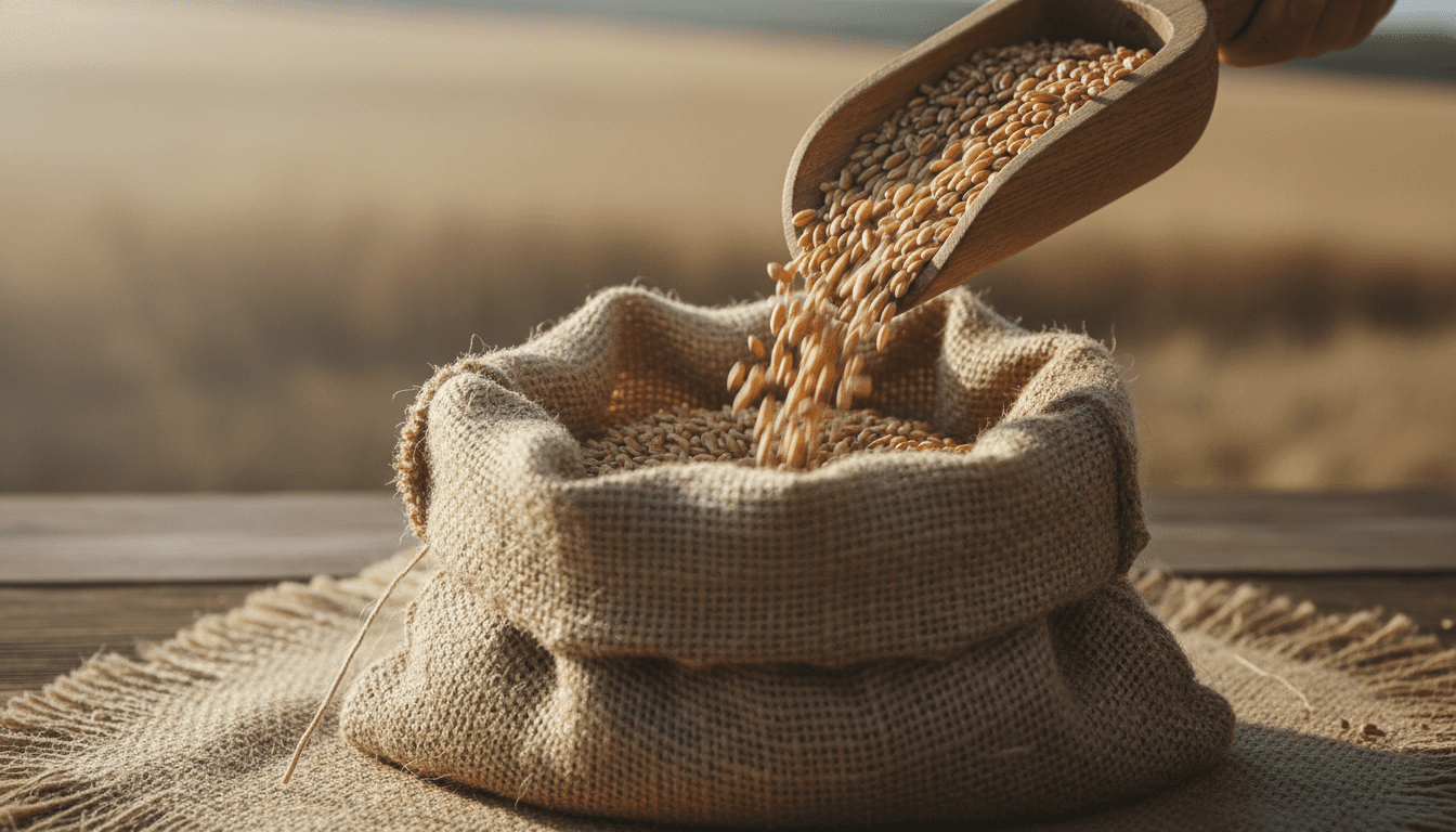 Grain kernels being scooped into burlap sack