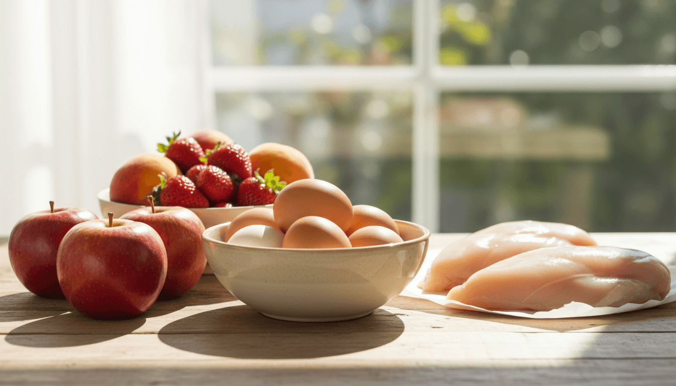 Fresh eggs, chicken, and seasonal produce on wood table