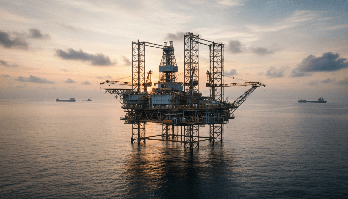 Offshore oil and gas platform at dusk