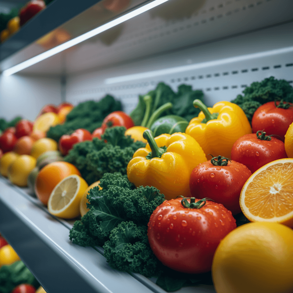 Close-up of diverse commodities including fresh produce, grains, oils, and precious jewelry