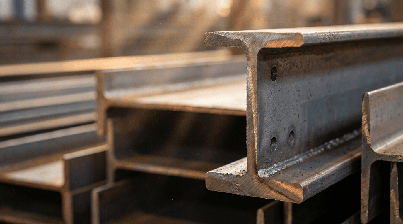 Stacked steel billets and profile steel in industrial warehouse storage