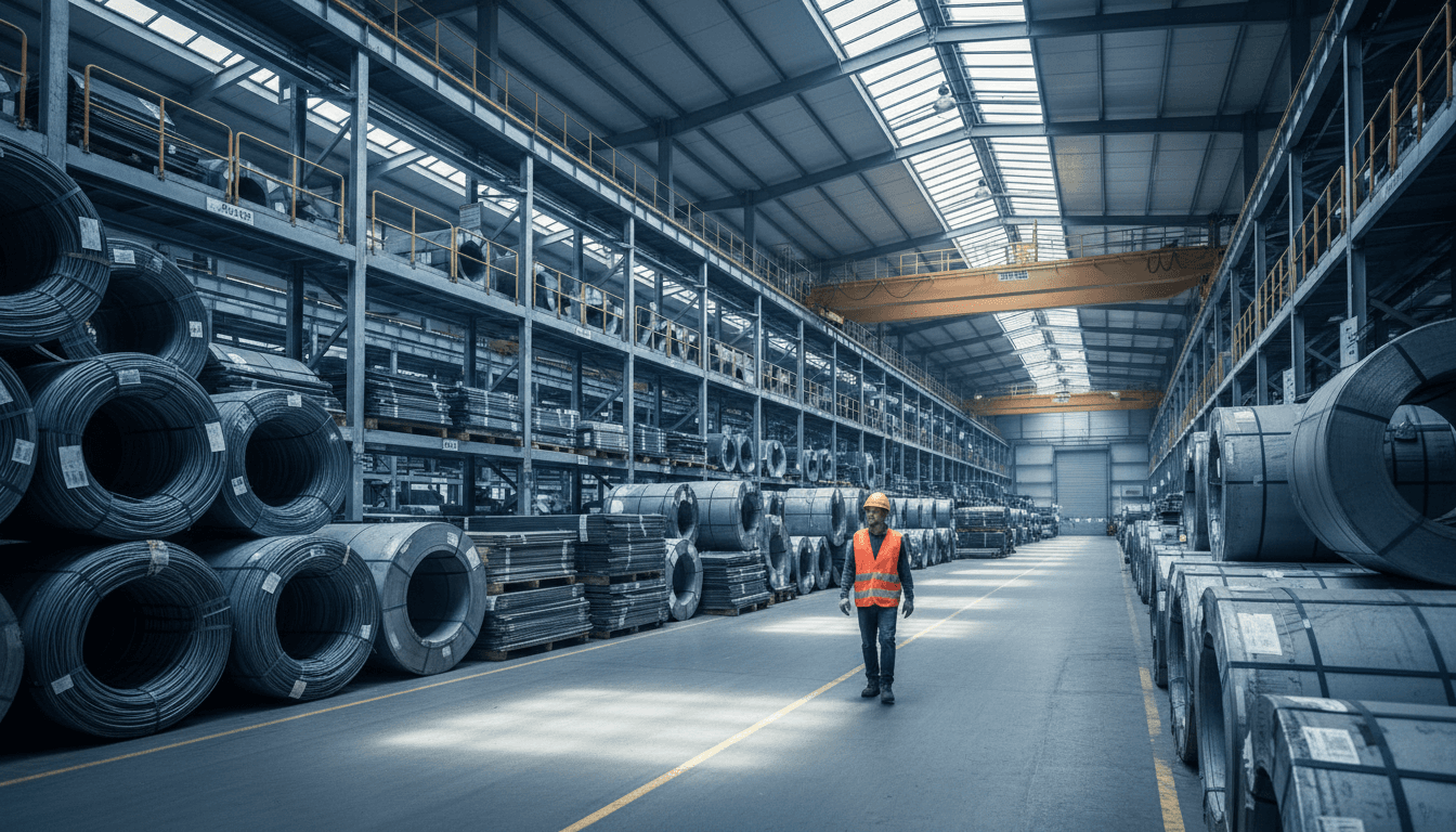Stacked steel billets in warehouse storage