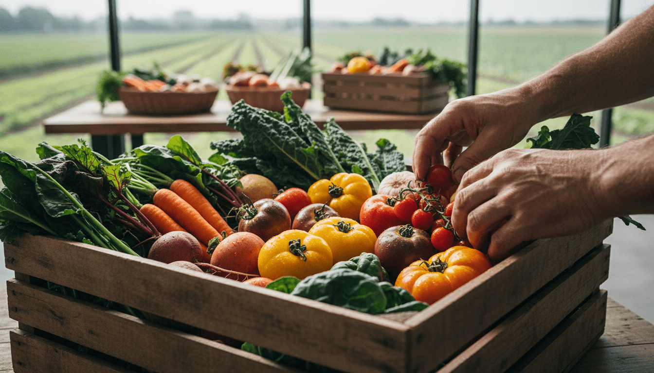 Arrangement of fresh agricultural commodities including apples, wheat, oil, and eggs