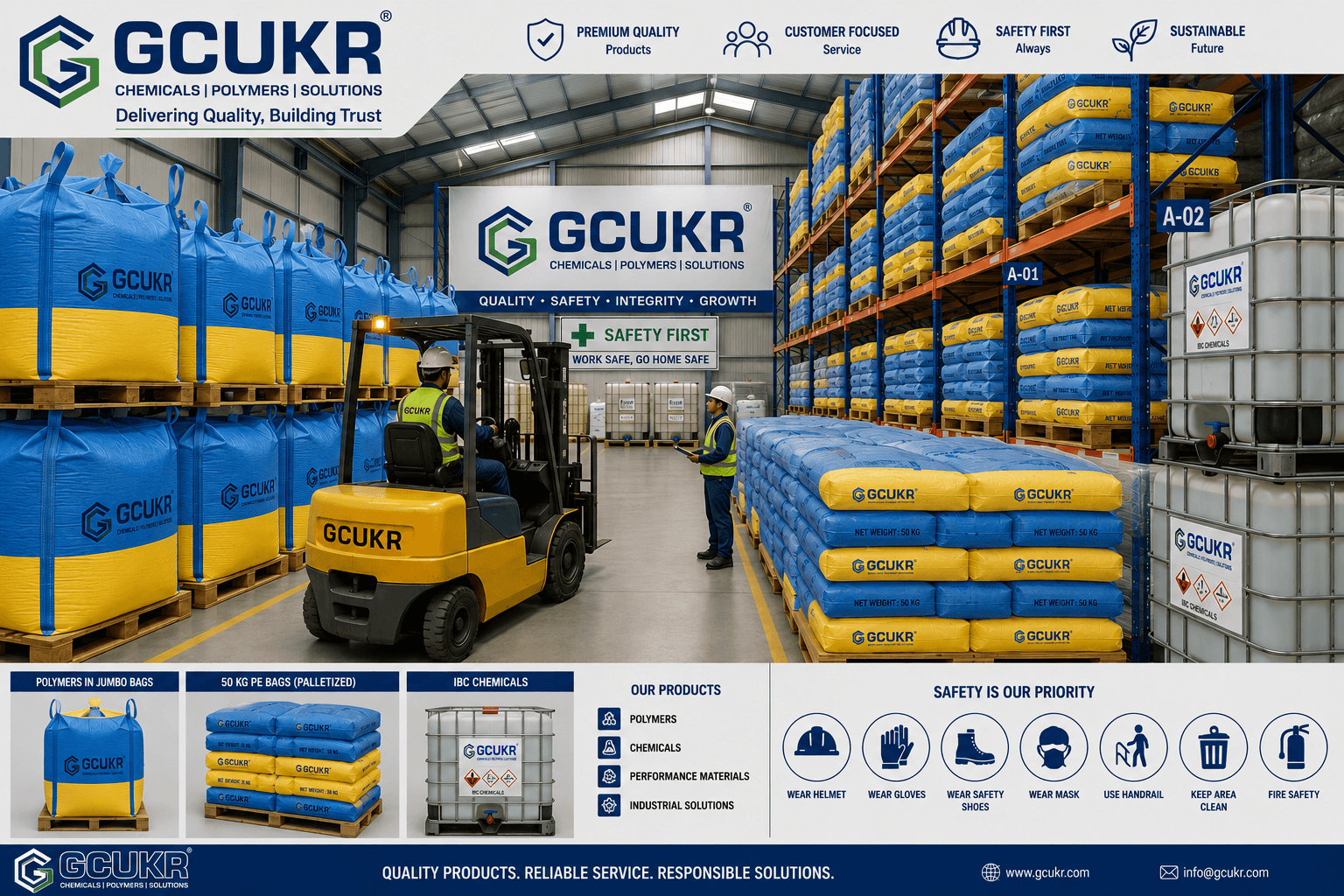 GCUKR warehouse interior showing workers, a forklift, and various industrial chemical and polymer products.